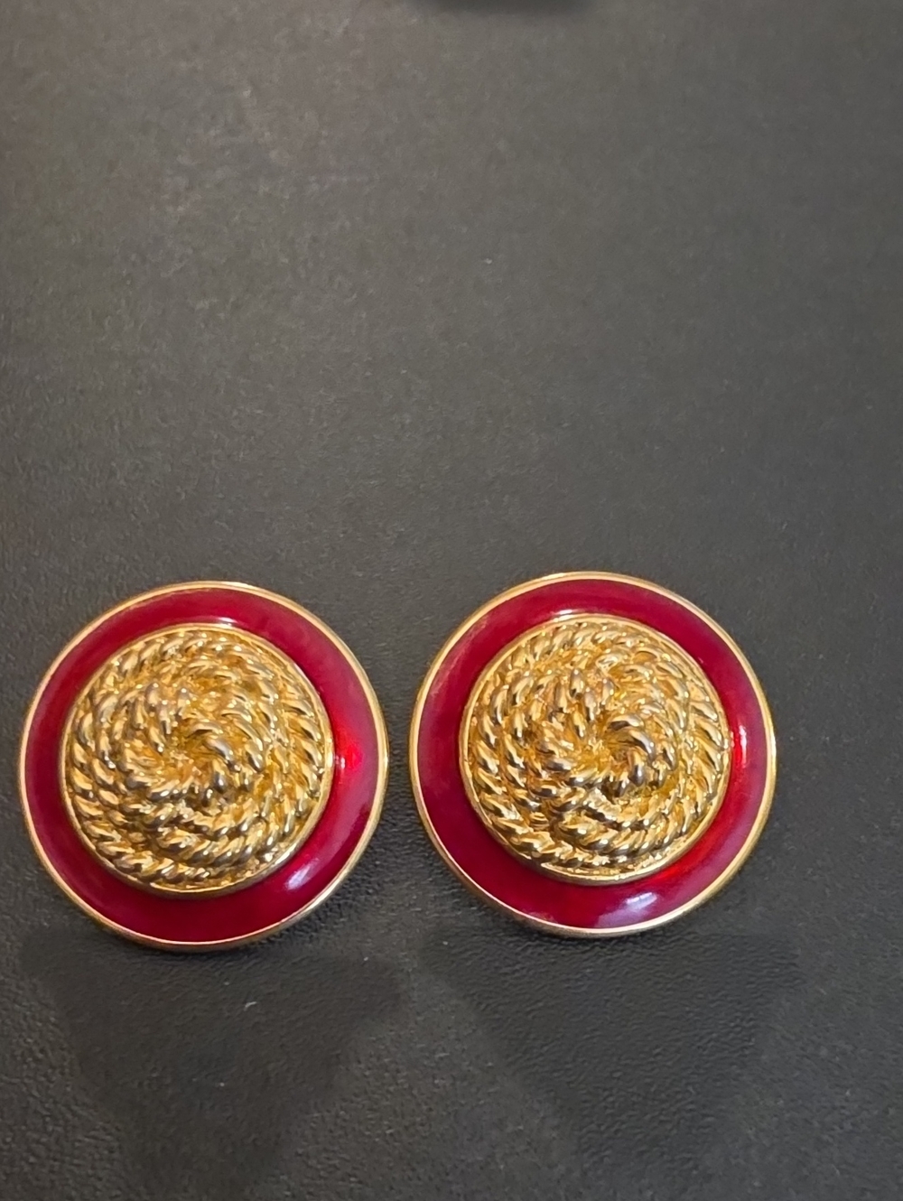 Trifari Gold-Tone Earrings with Red Enamel Border